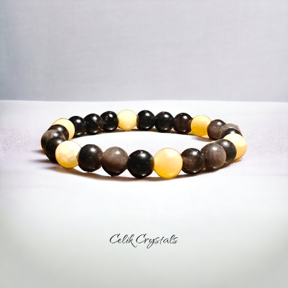 Celik Crystals Jewelry - Silver Obsidian & Honey Calcite Bracelet Natural Stones 8mm Unisex
